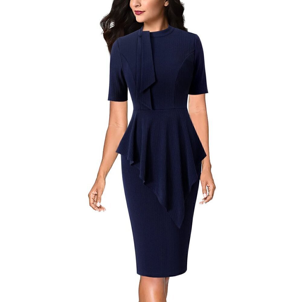 VFSHOW Womens Bow Tie Neck Asymmetrical Peplum Slim Work  DRESS NAVY LARGE